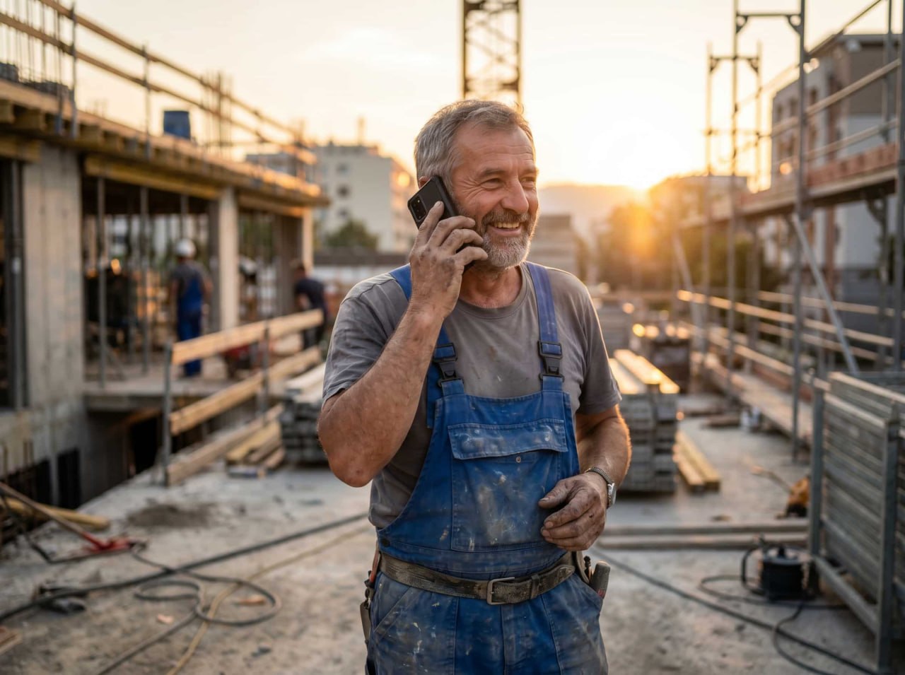 Obrtnik na gradbišču naroča račun po telefonu ob sončnem zahodu